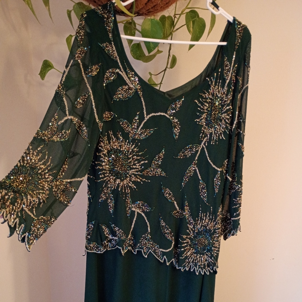 J Kara Dark Green Beaded Long Sleeve Dress